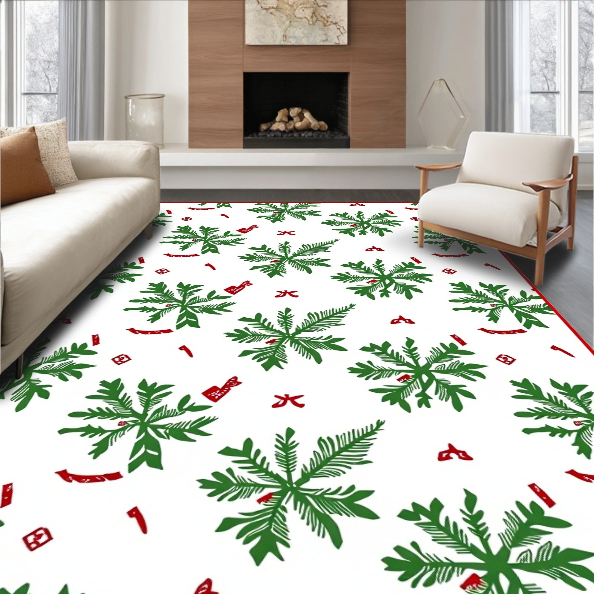 Green Snowflake Red Accents Textile Rug