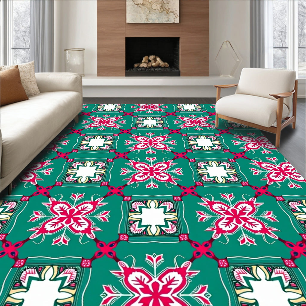 Teal Red White Floral Medallion Tile Rug