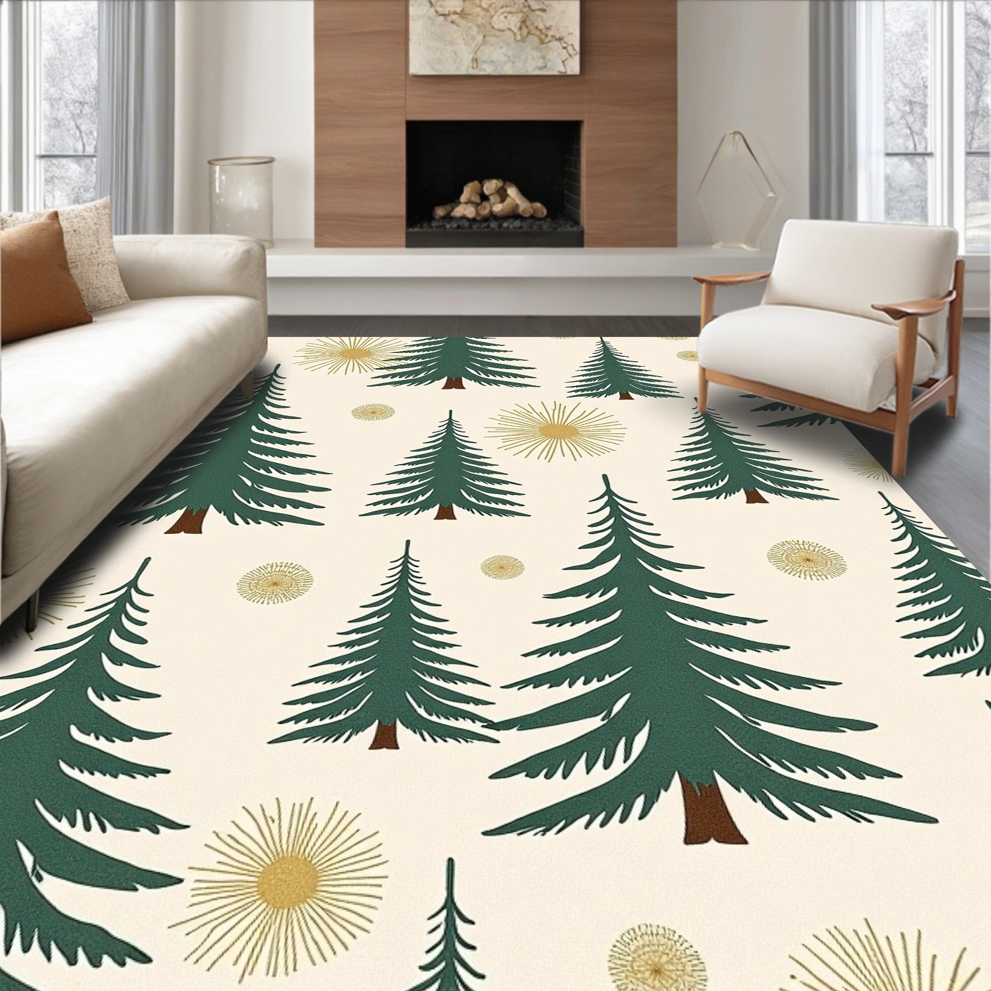 Dark Green Pine Sunburst Contemporary Ivory Rug