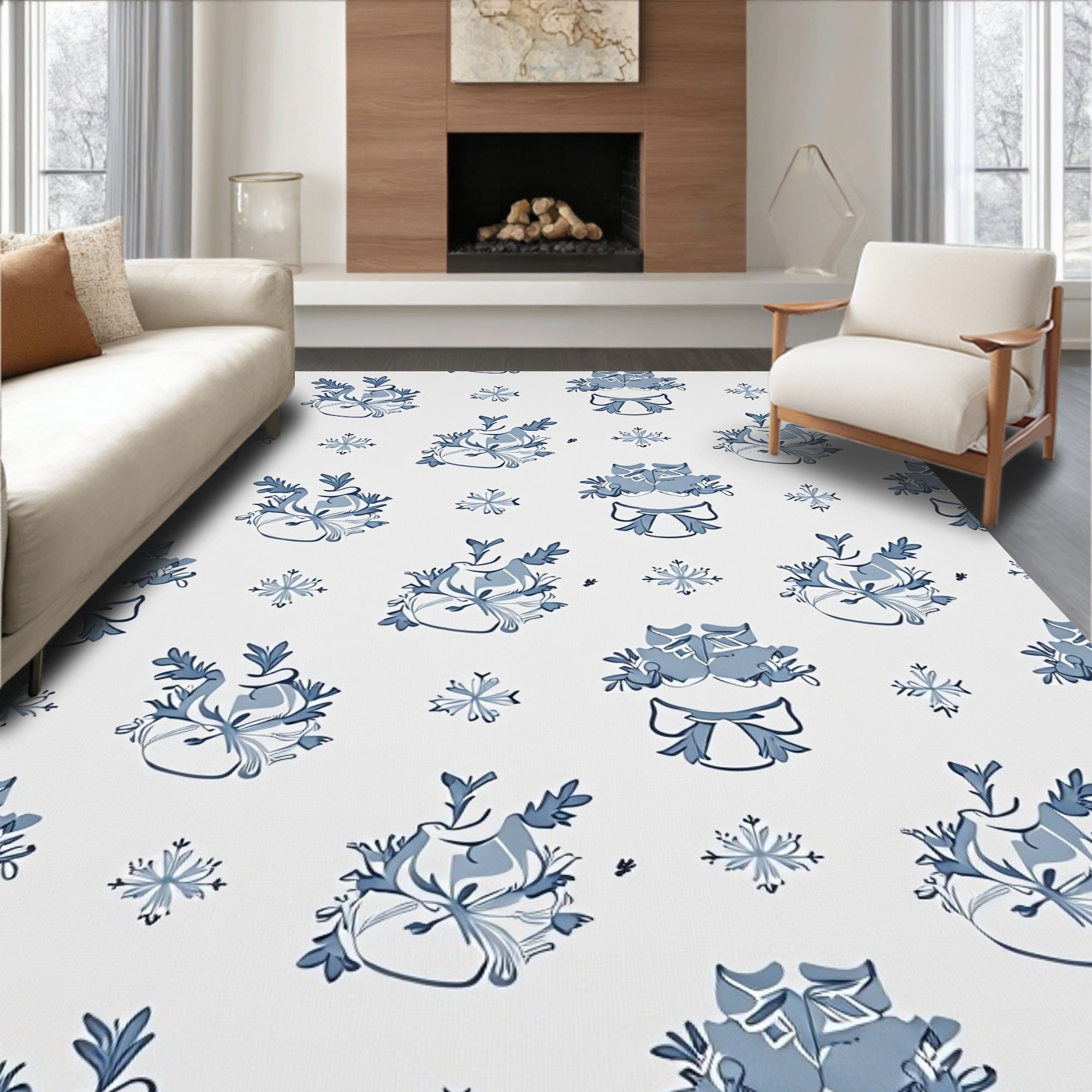 Blue White Floral Bow Arrangement Rug