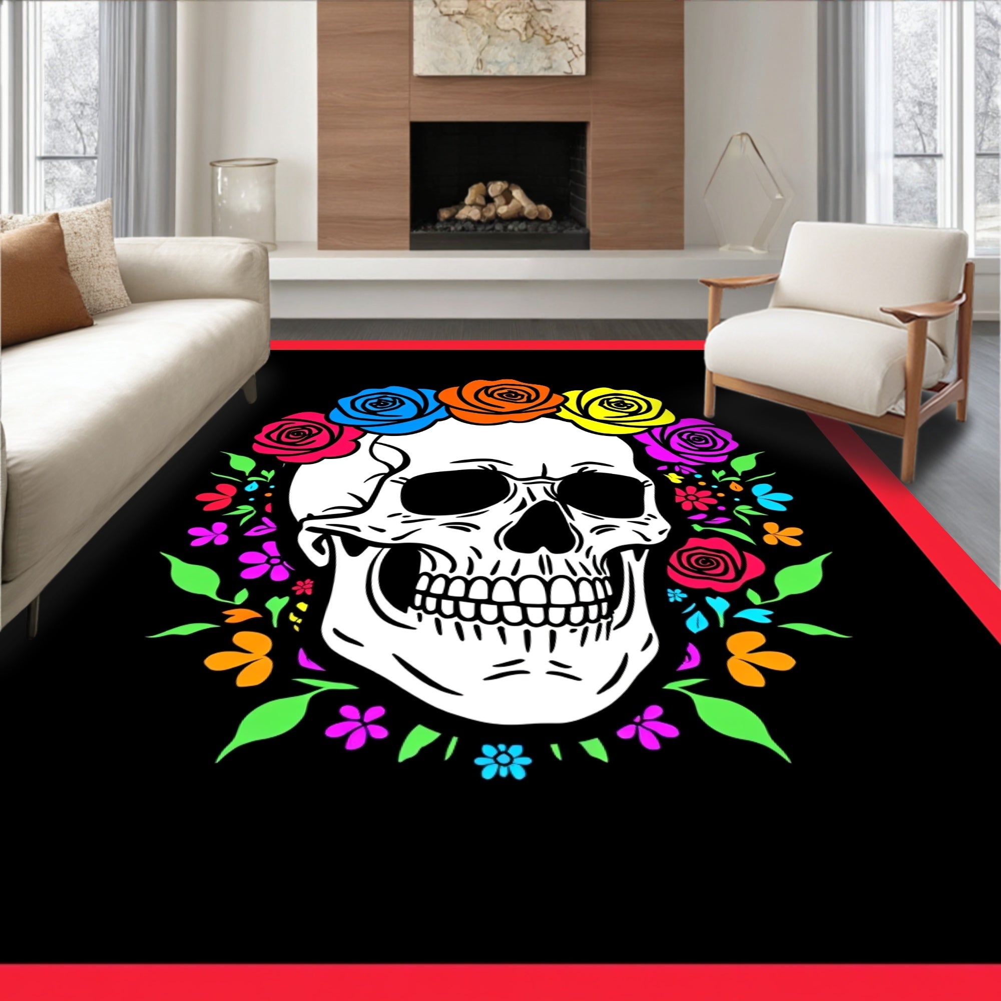 Colorful Skull Flower Crown Medallion Rug