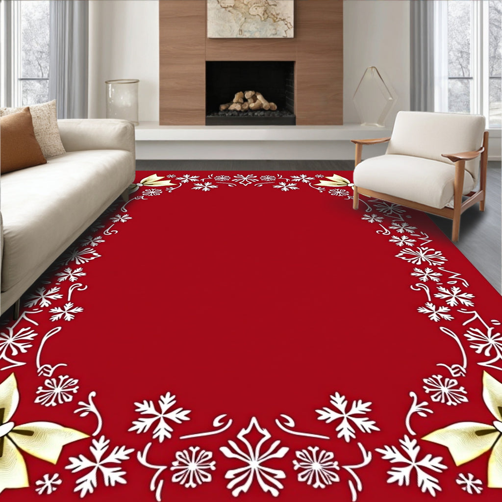 Crimson and Gold Snowflake Bow Frame Rug