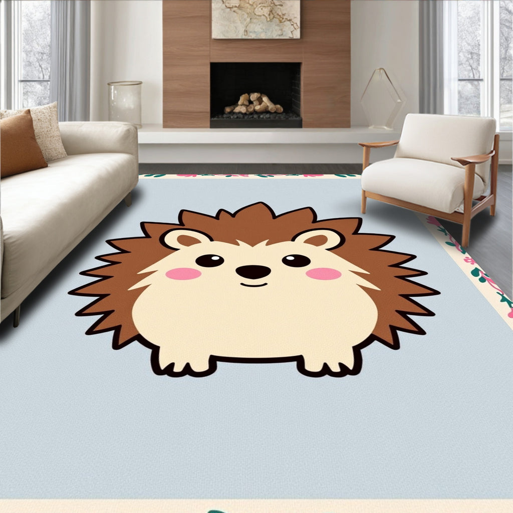 Cute Brown Hedgehog Floral Border Rug