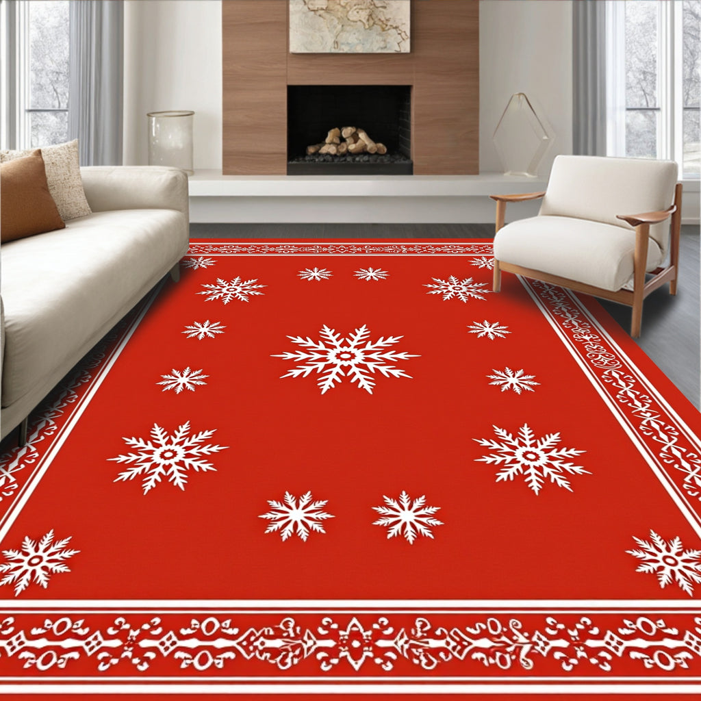 Bright Red Snowflake Medallion Border Rug