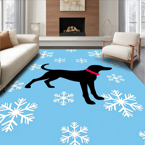 Black Dog Snowflakes Sky Blue Accents Rug