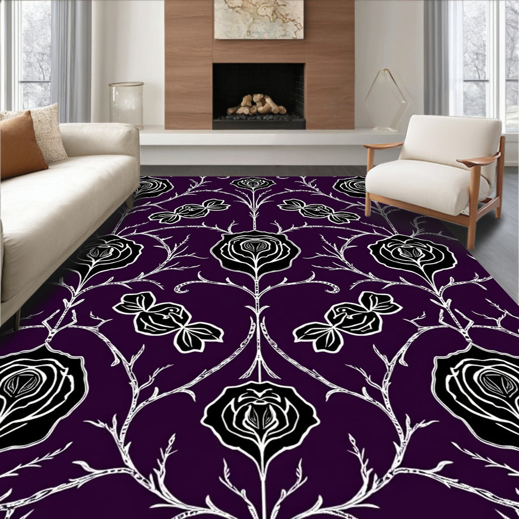 Dark Plum Black White Floral Branch Rug