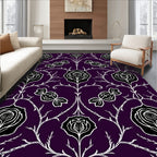 Dark Plum Black White Floral Branch Rug