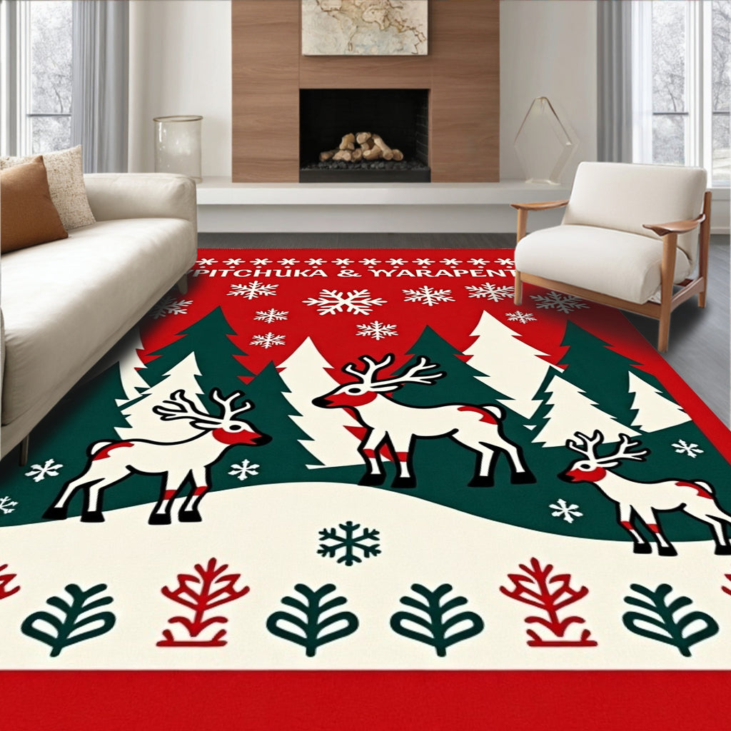 Red And White Deer Forest Snowflakes Rug