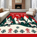 Red And White Deer Forest Snowflakes Rug