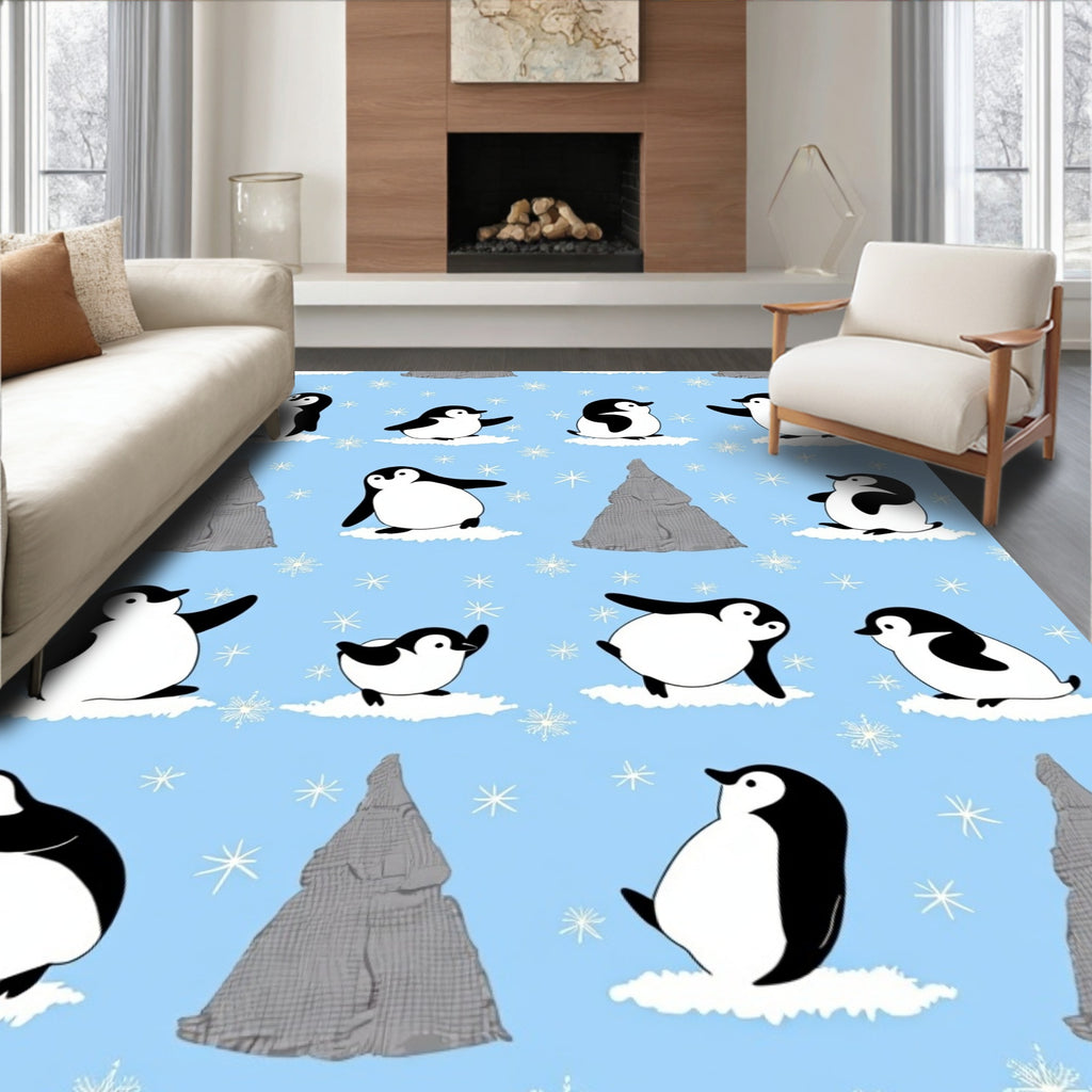 Whimsical Penguin Snowflakes Iceberg Background Rug