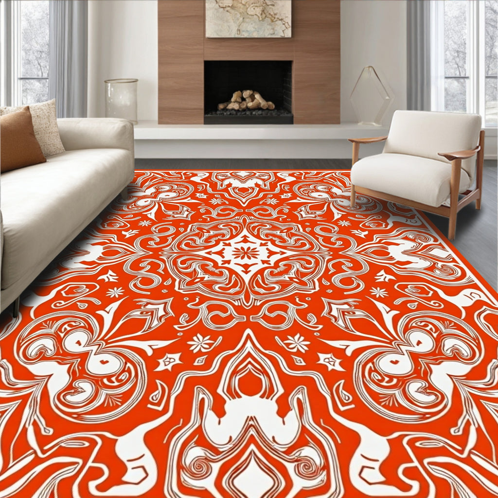 Vibrant Orange Floral Mandala Rug