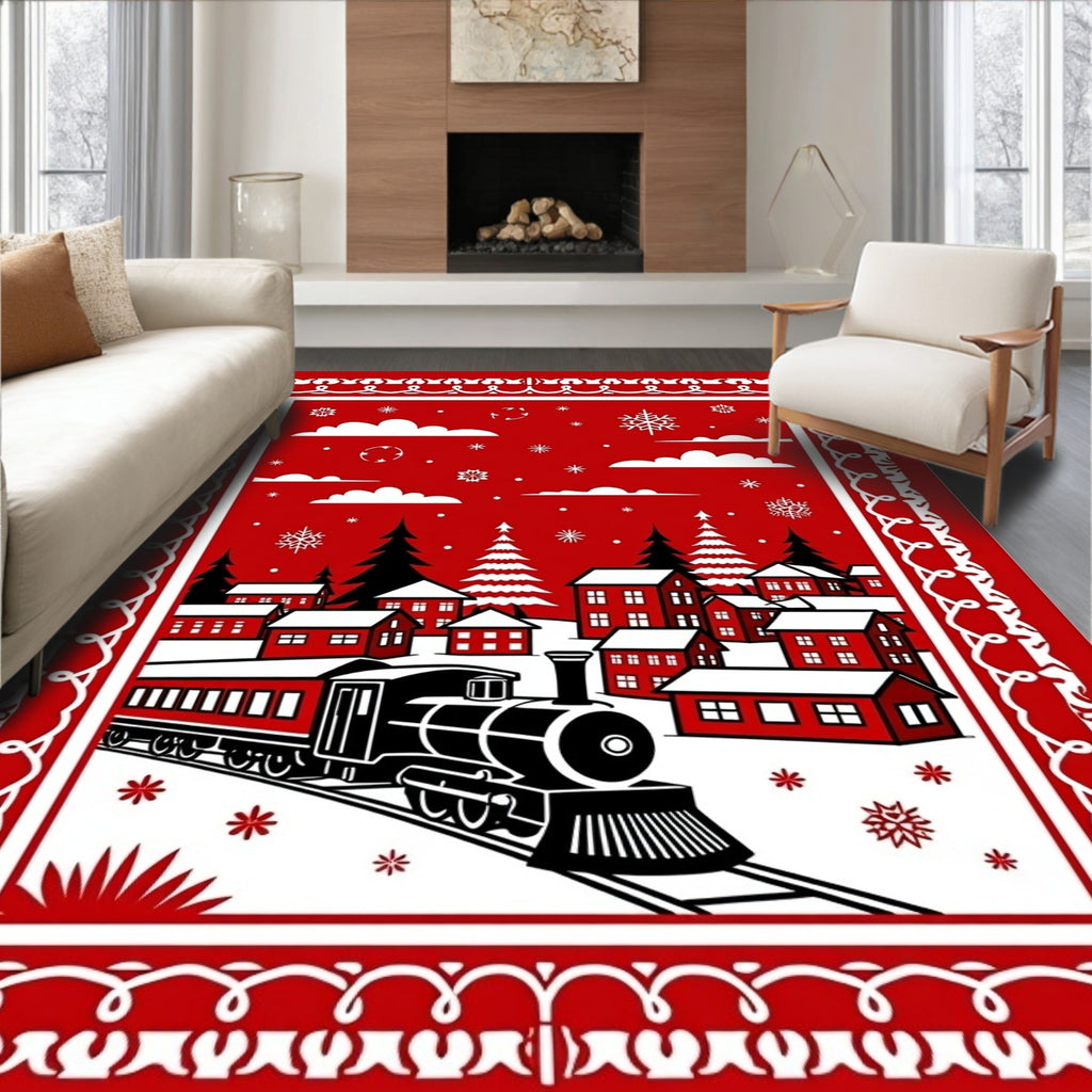 Crimson Winter Village Train Scene Rug