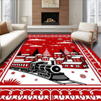 Crimson Winter Village Train Scene Rug