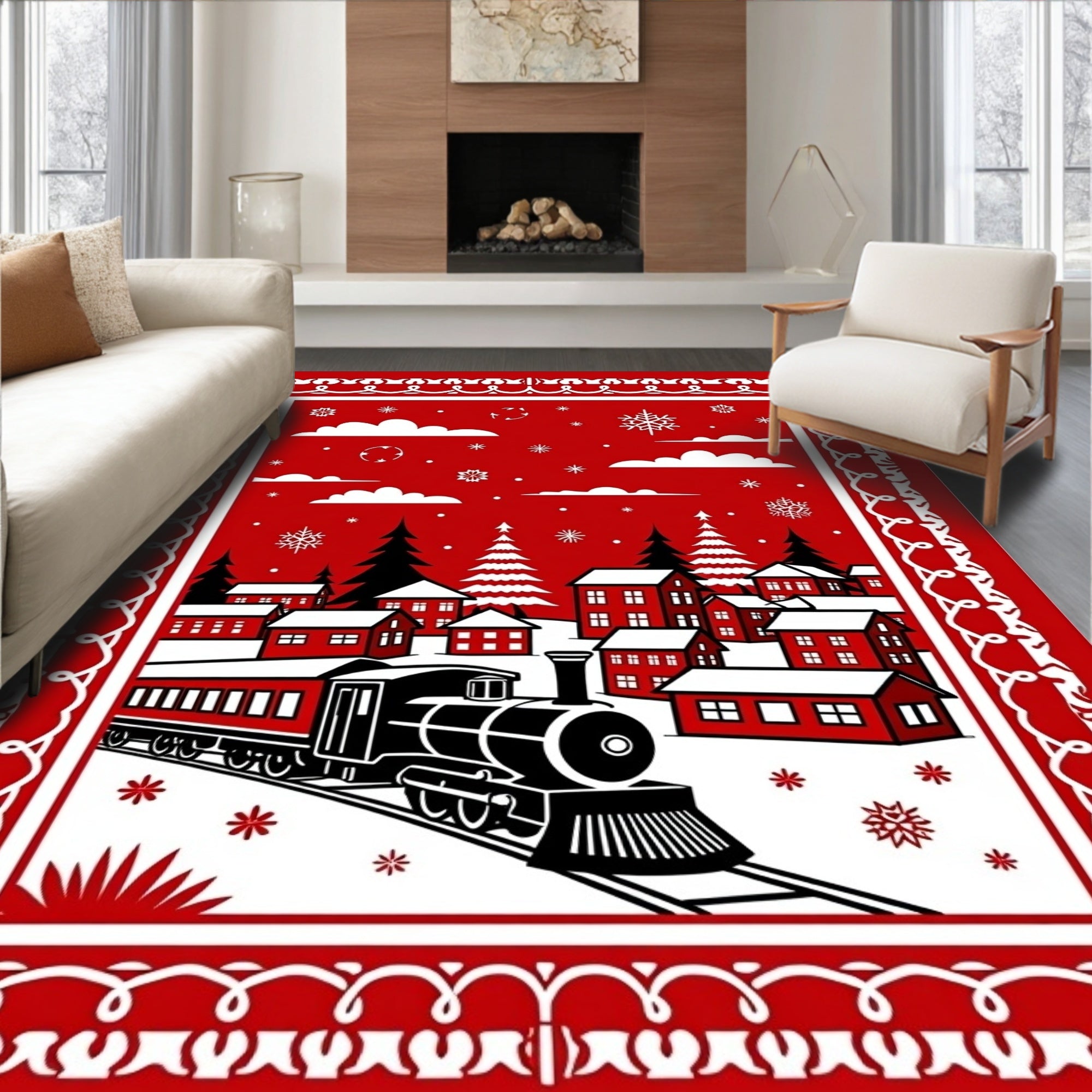 Crimson Winter Village Train Scene Rug