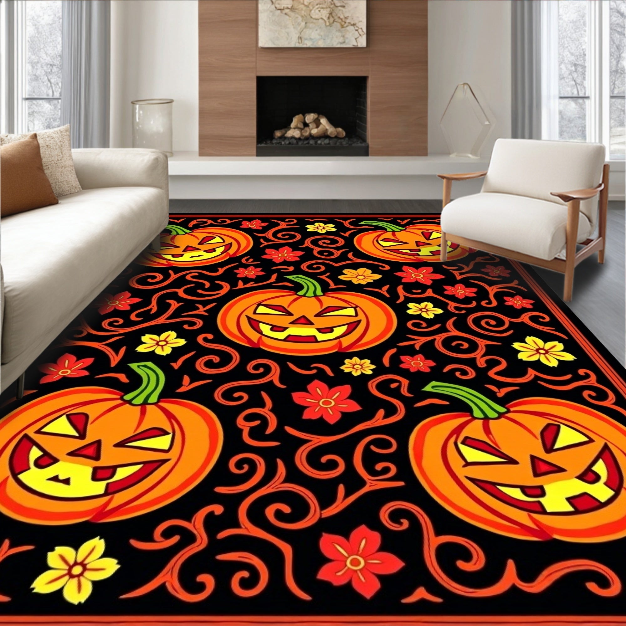 Spooky Orange Jack-o'-lantern Skull Vine Rug