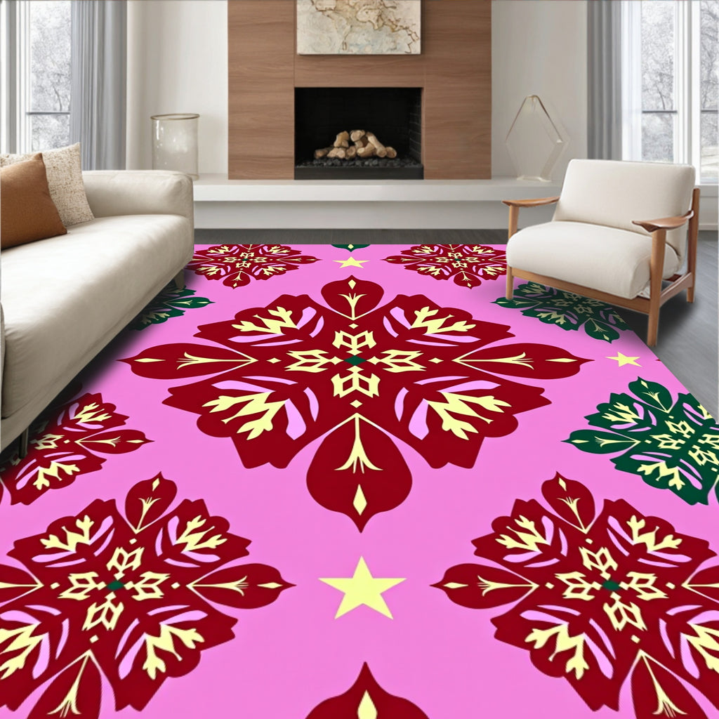 Crimson Green Starburst Mandala Rose Rug
