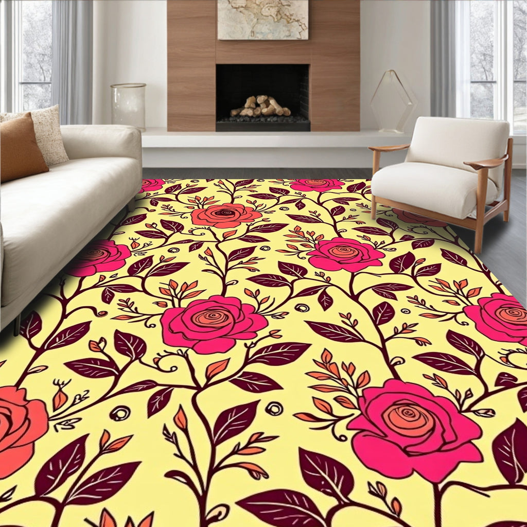Vibrant Pink Roses Yellow Floral Vine Rug