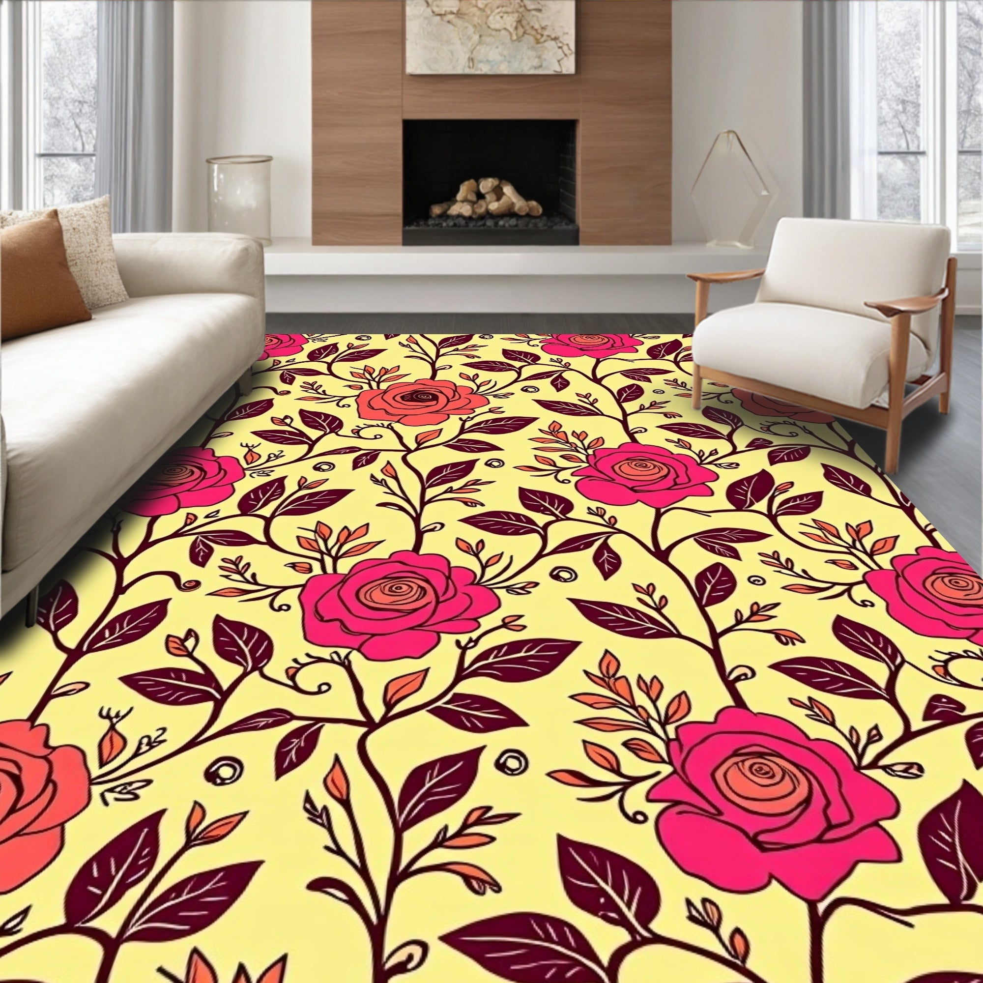 Vibrant Pink Roses Yellow Floral Vine Rug