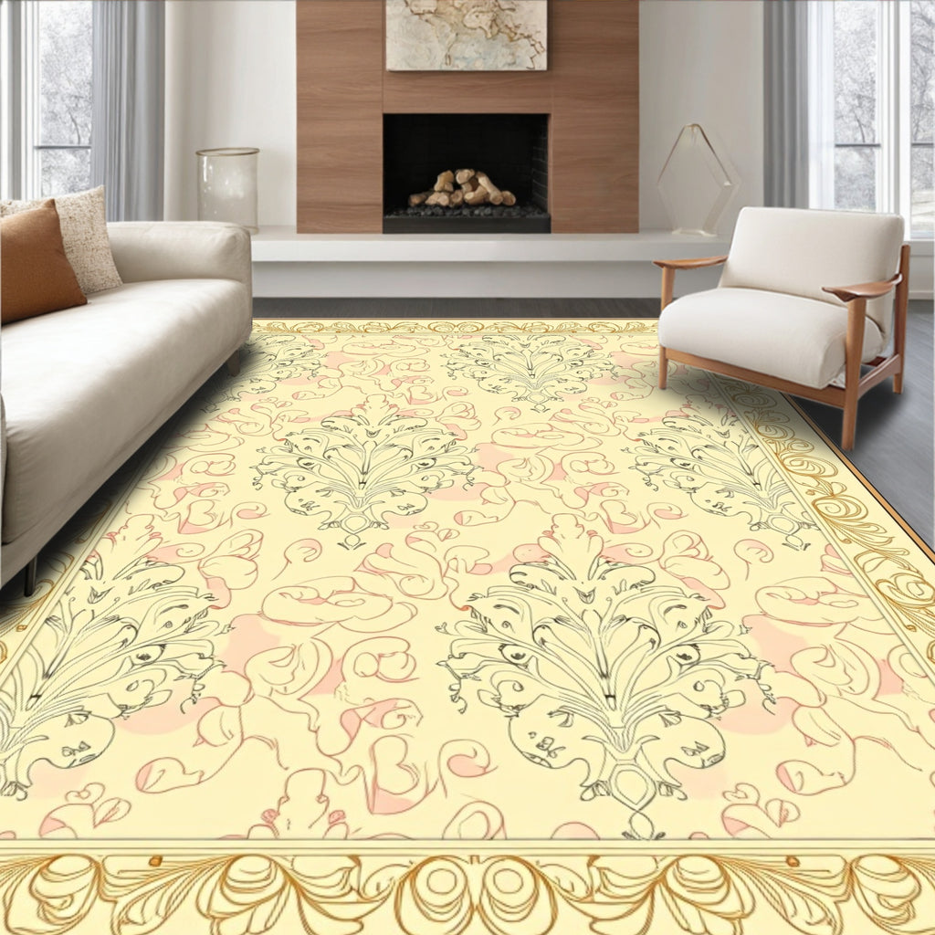 Cream and Gold Baroque Floral Border Rug