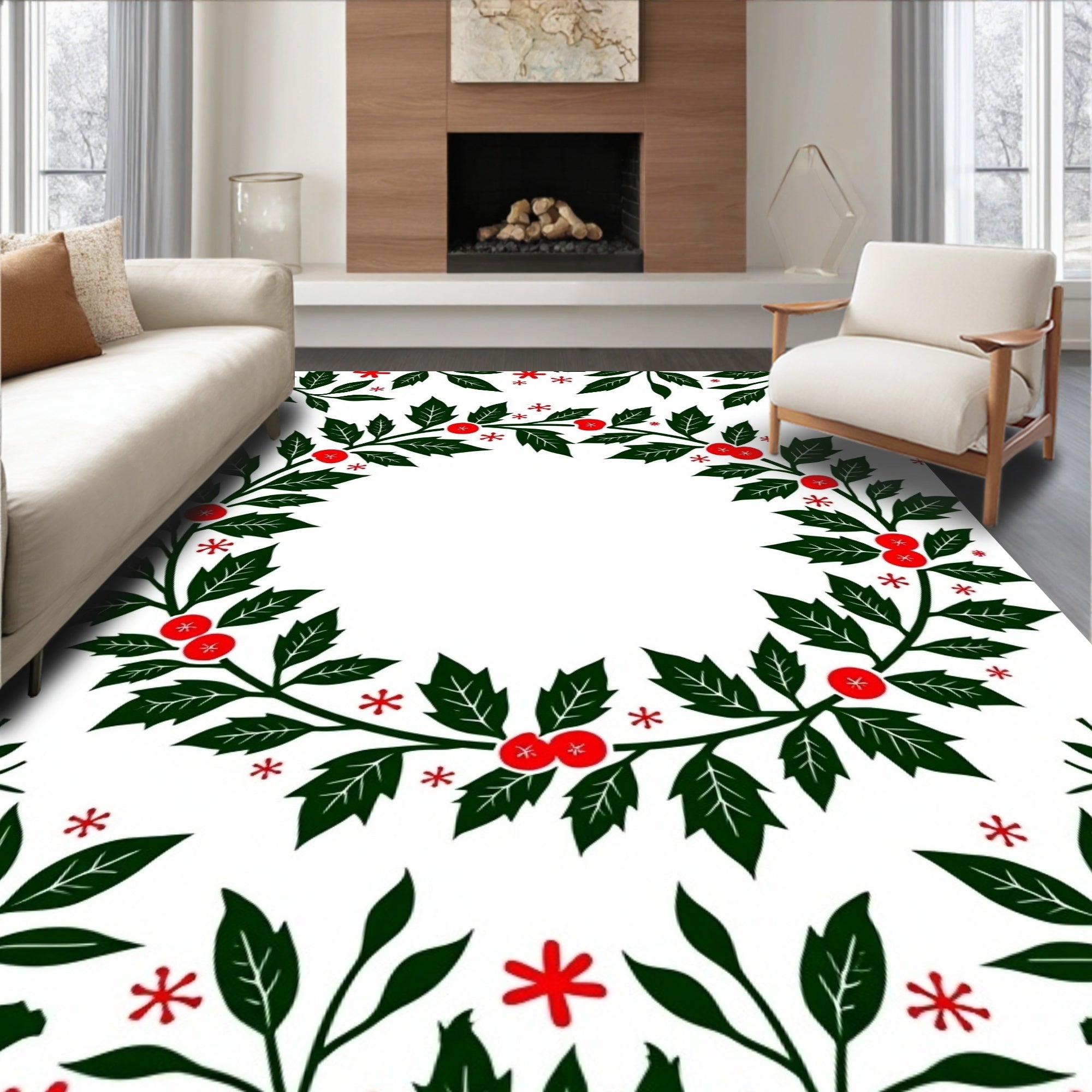 Green Holly Berry Wreath Christmas Rug
