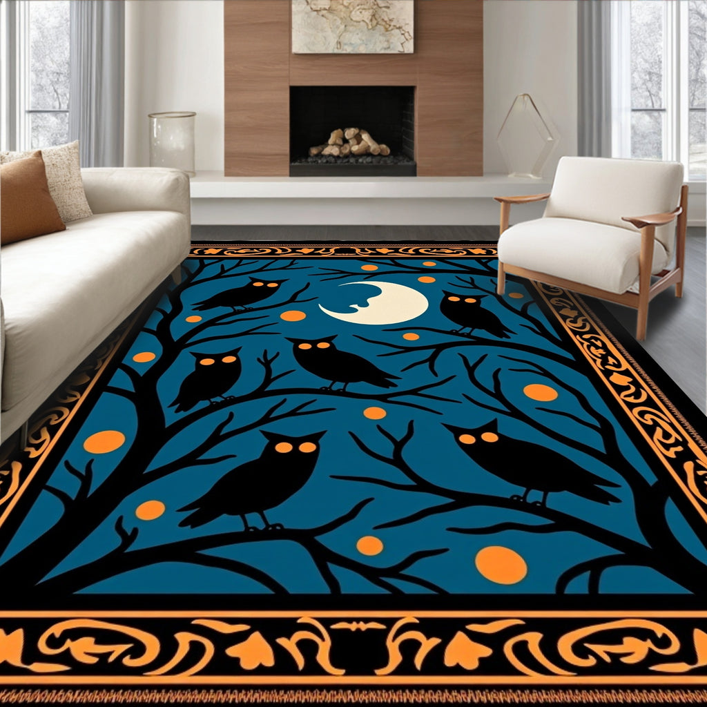 Halloween Night Owl Moon Scene Rug