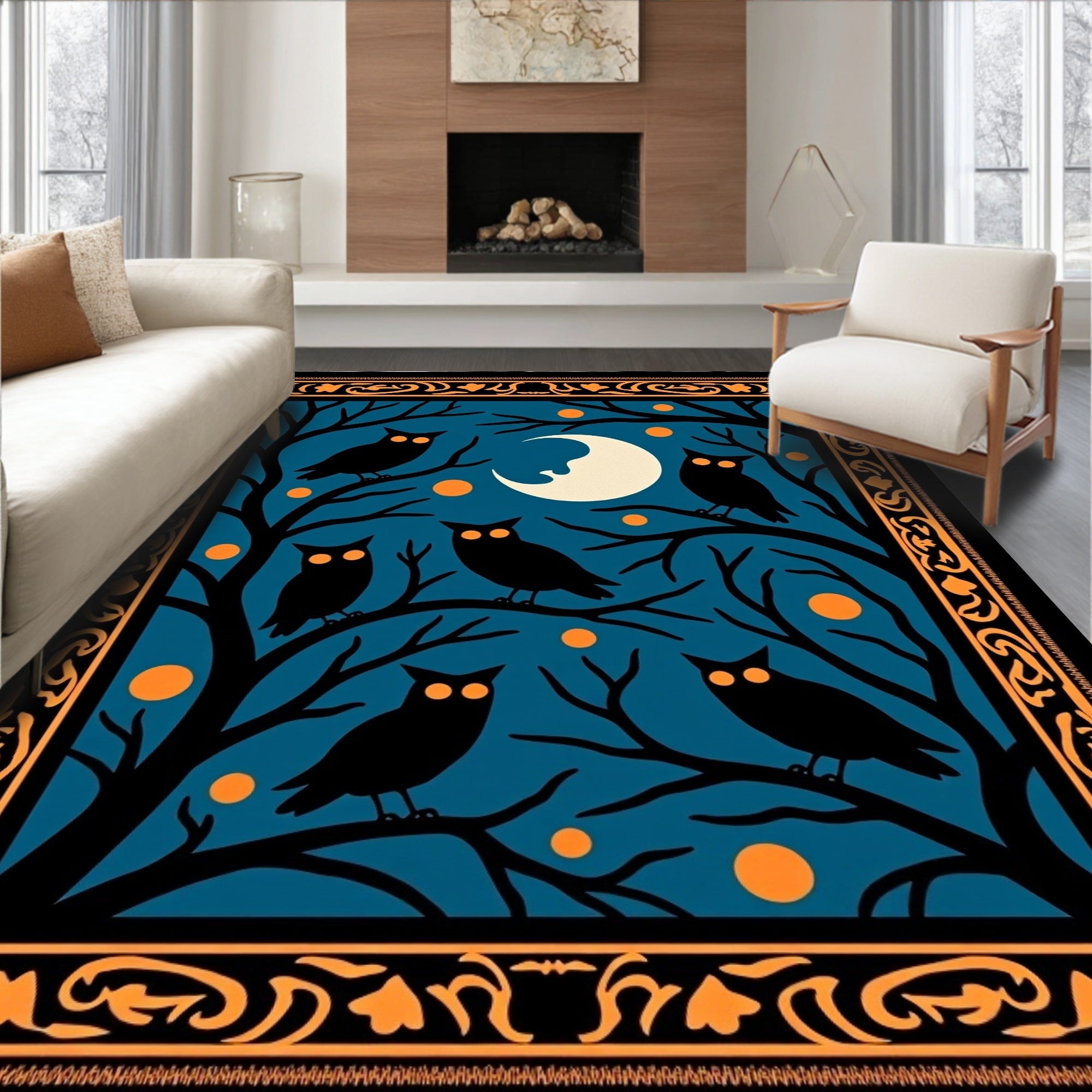 Halloween Night Owl Moon Scene Rug