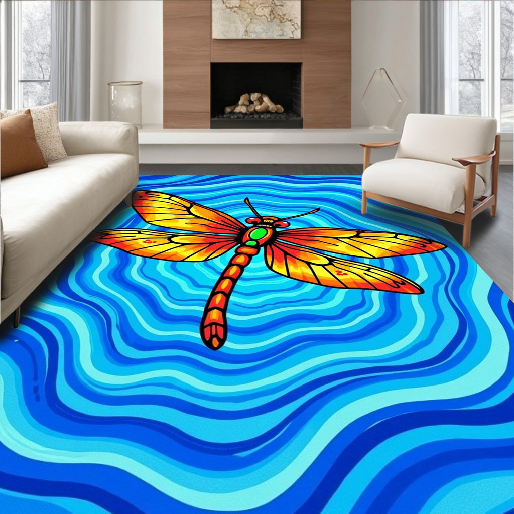 Vibrant Orange Dragonfly Blue Waves Rug
