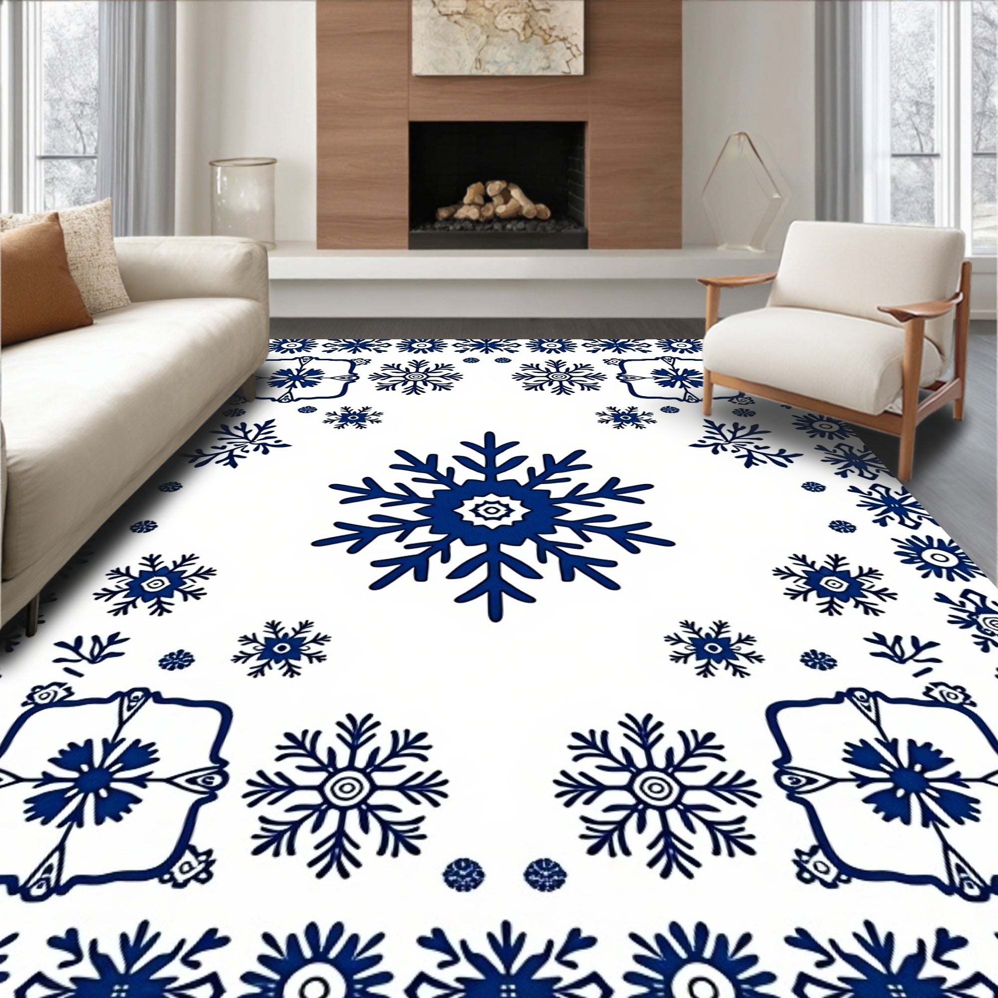 Dark Blue Snowflake Medallion Collection Rug