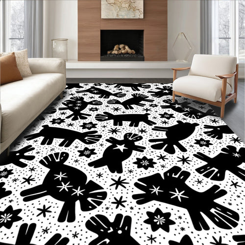 Black Whimsical Folk Art Creatures Rug
