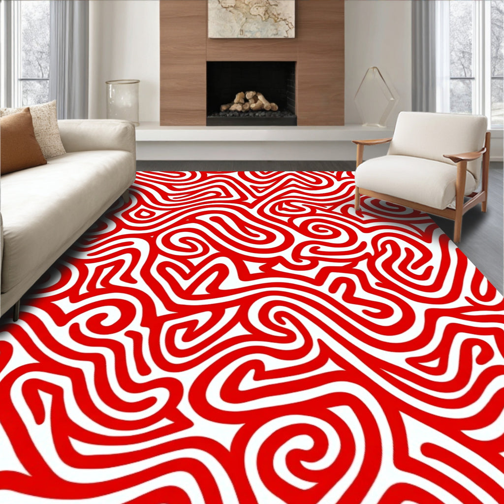 Bold Red Abstract Maze Flow Rug