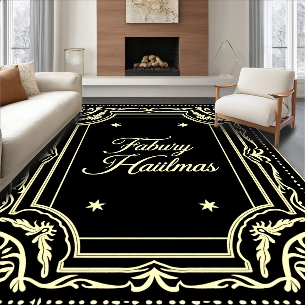 Ornate Black Cream Floral Border Rug