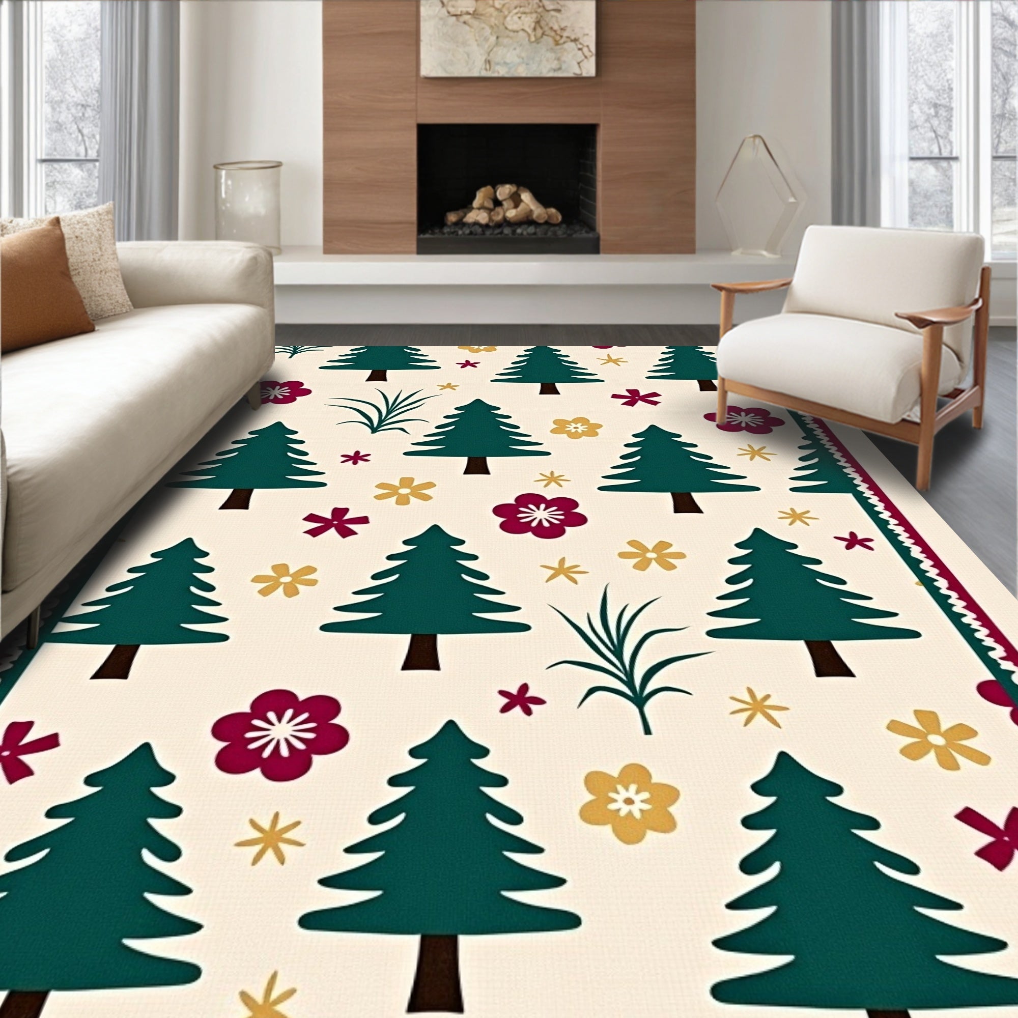 Green Pine Trees Burgundy Flower Print Rug