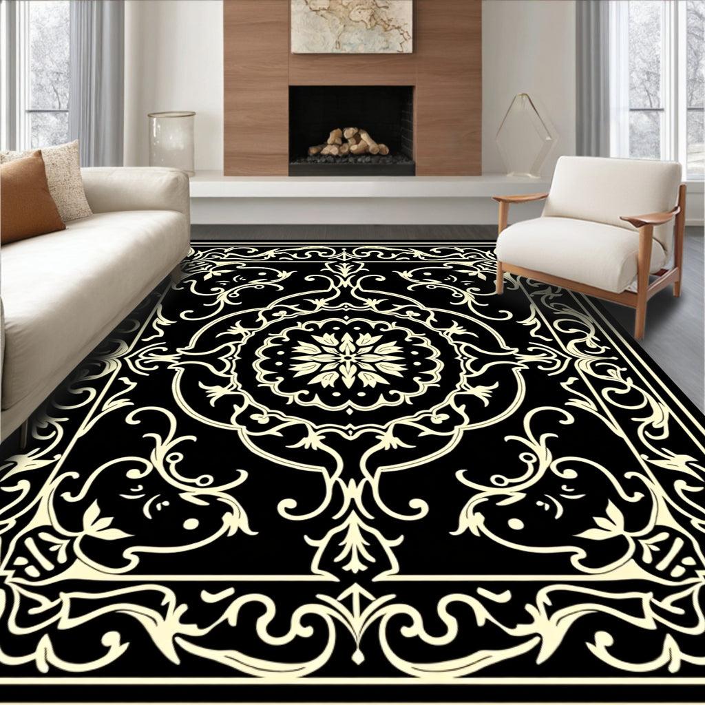 Black Cream Floral Scrollwork Medallion Rug