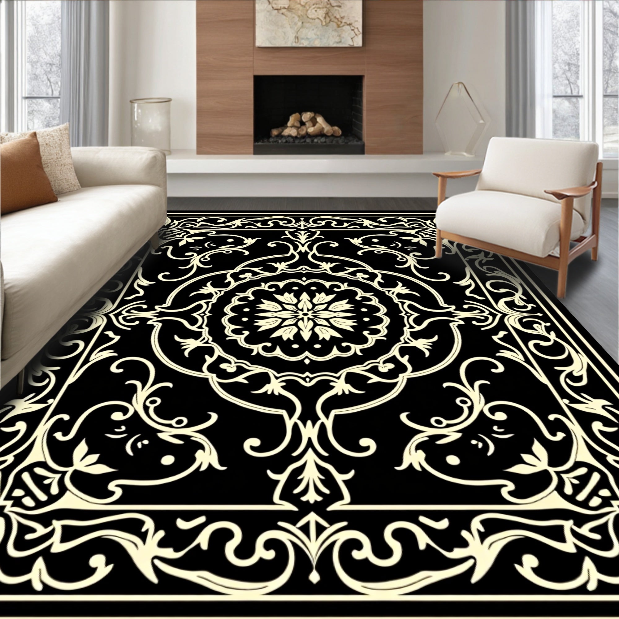 Black Cream Floral Scrollwork Medallion Rug