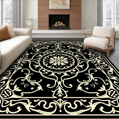 Black Cream Floral Scrollwork Medallion Rug