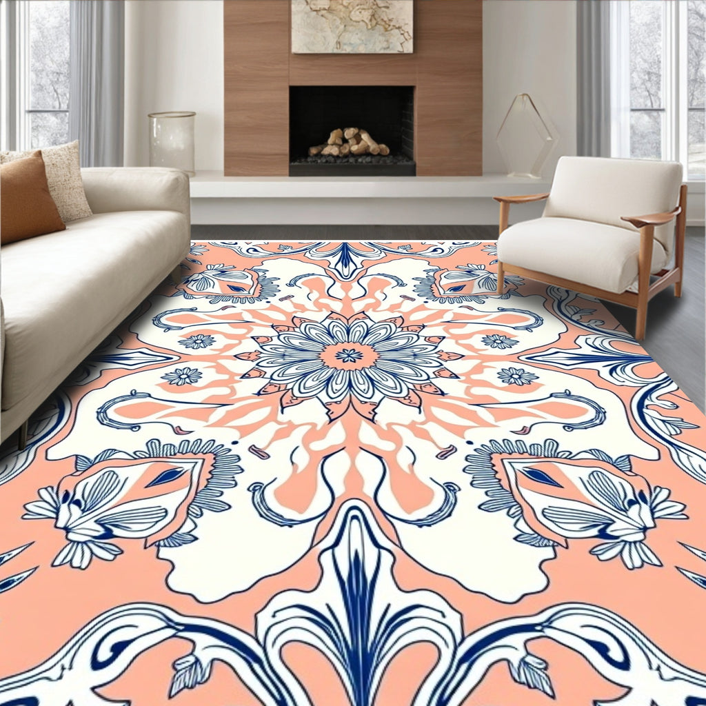 Coral Blue White Medallion Mandala Rug