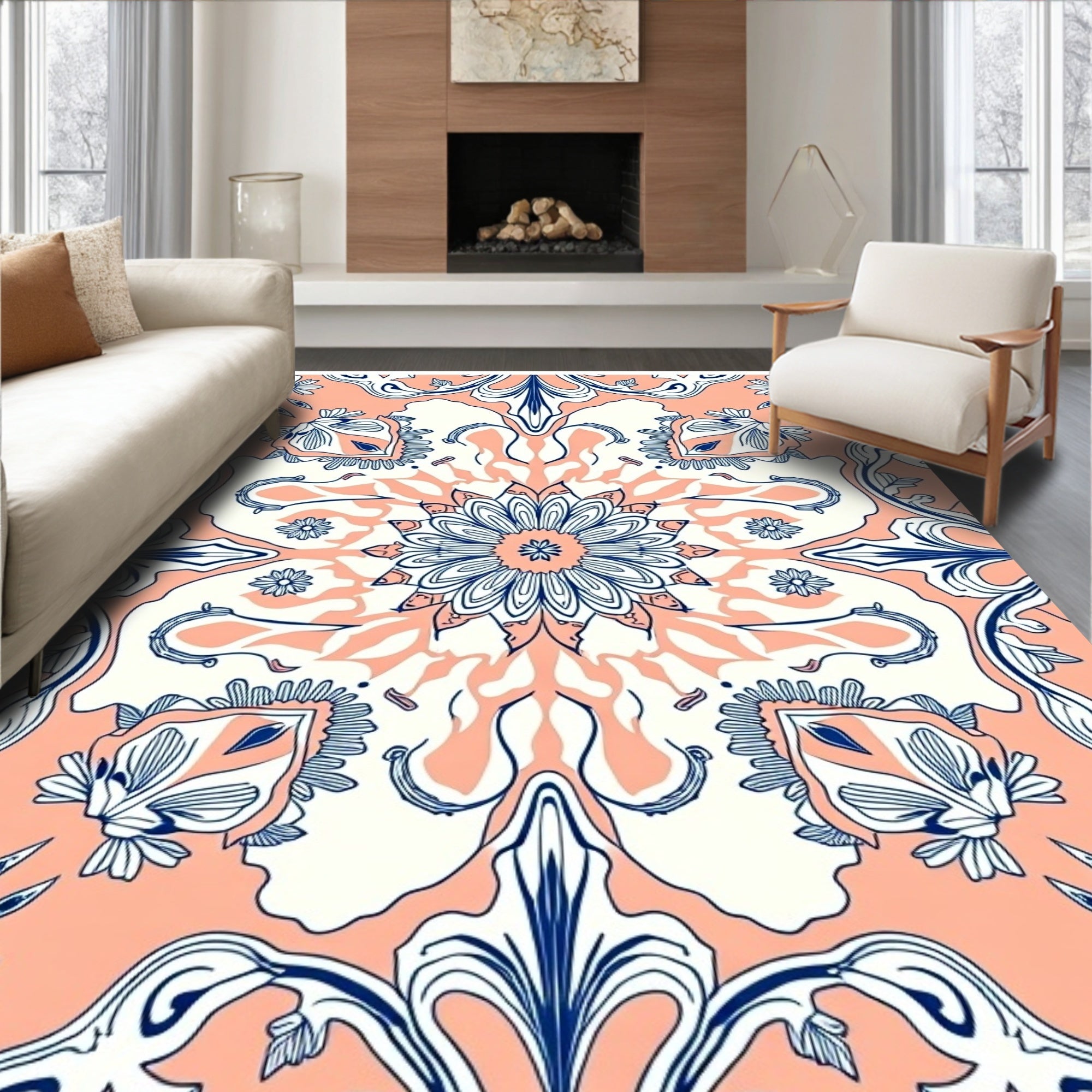 Coral Blue White Medallion Mandala Rug