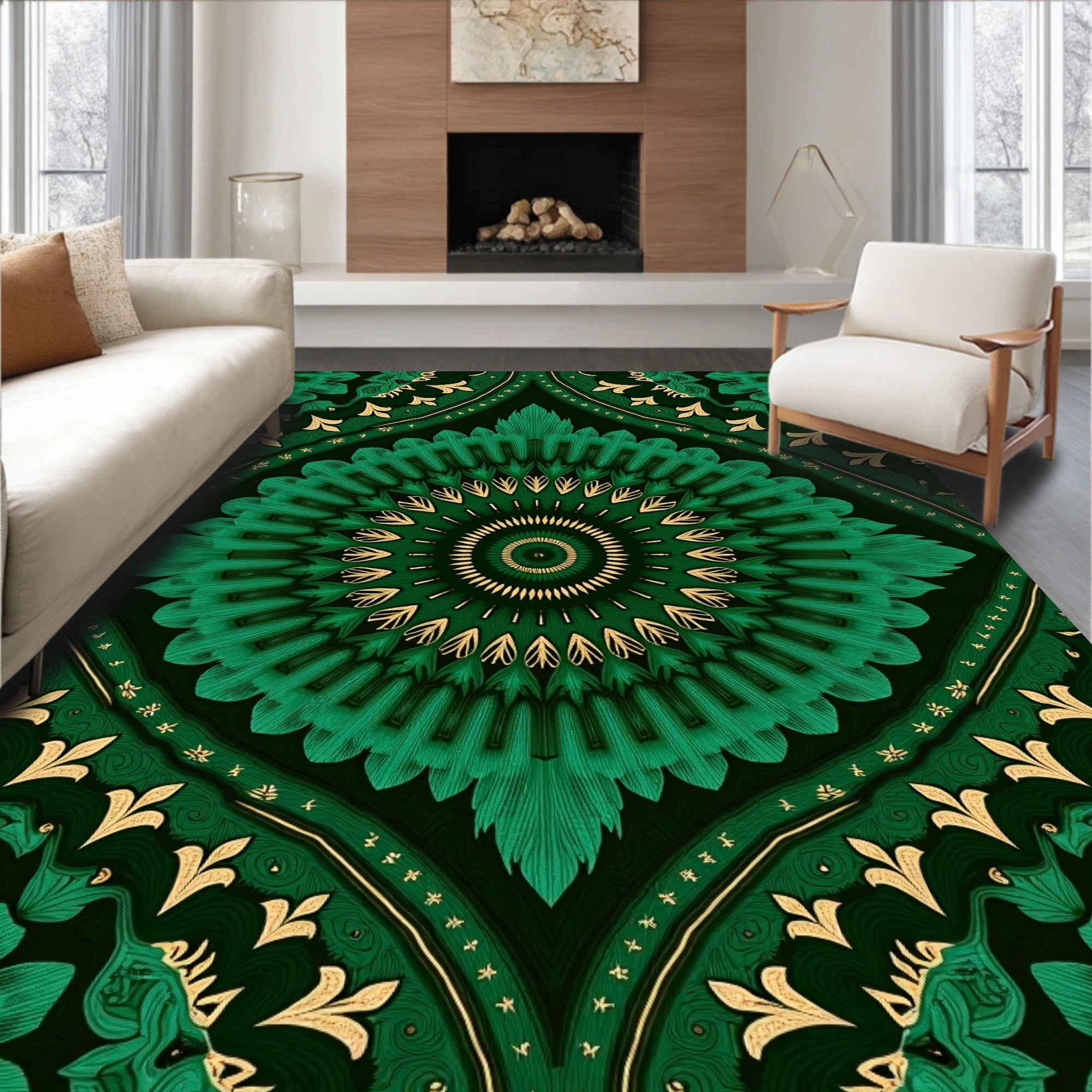 Emerald Green Mandala Floral Medallion Rug