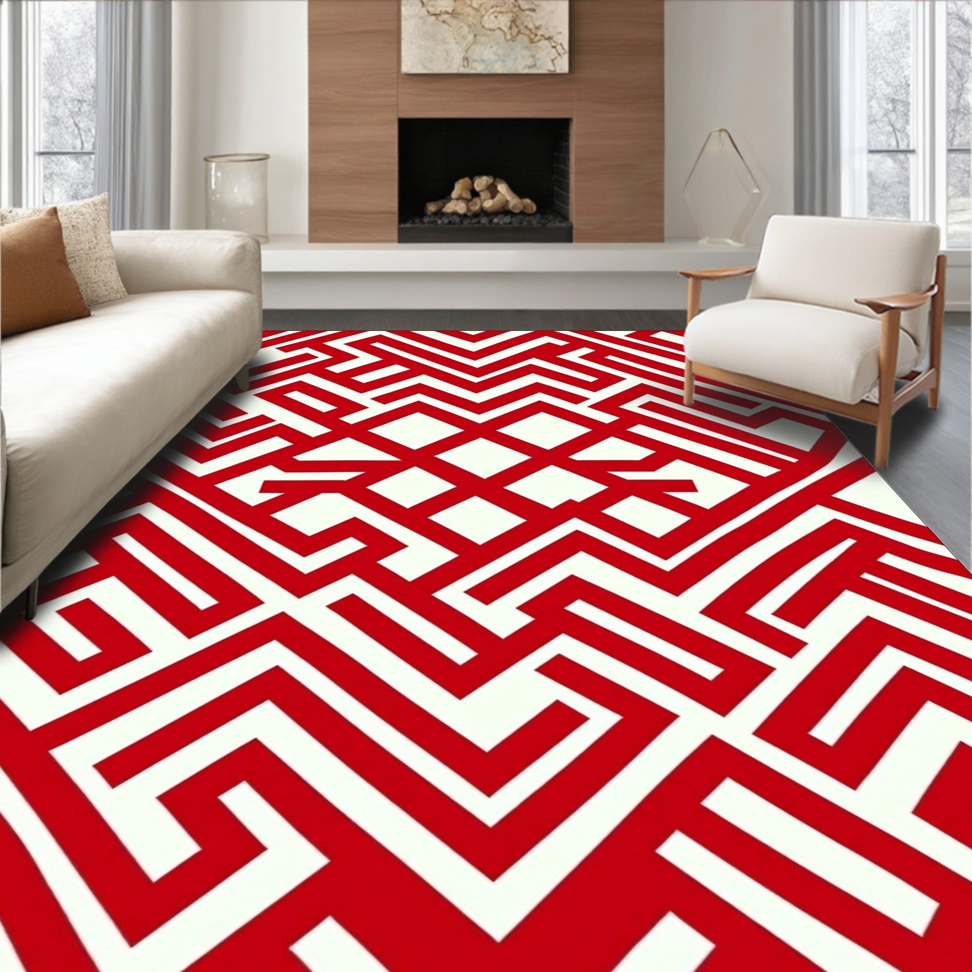 Bold Red Geometric Labyrinth Rug