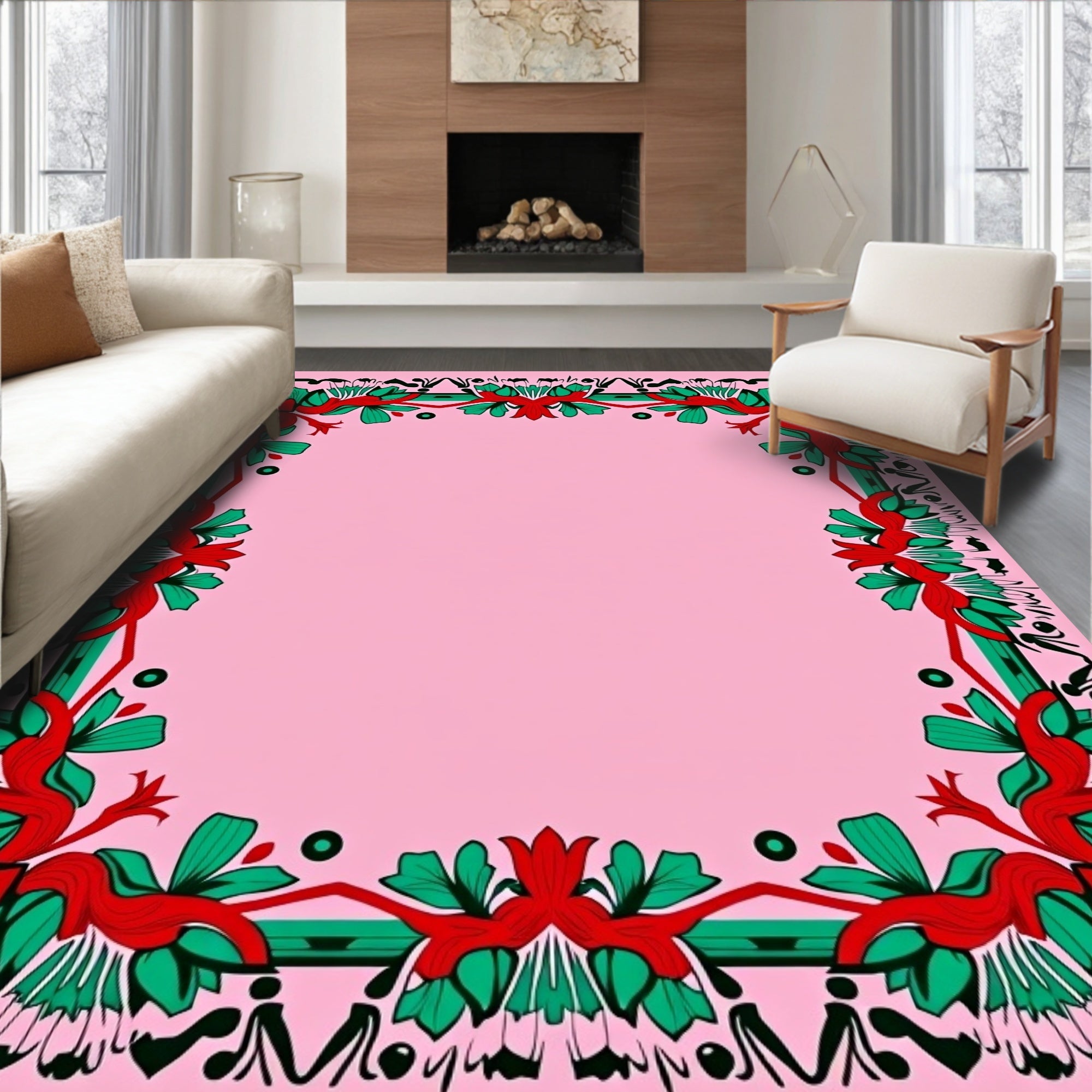 Ornate Crimson Green Floral Border Rug