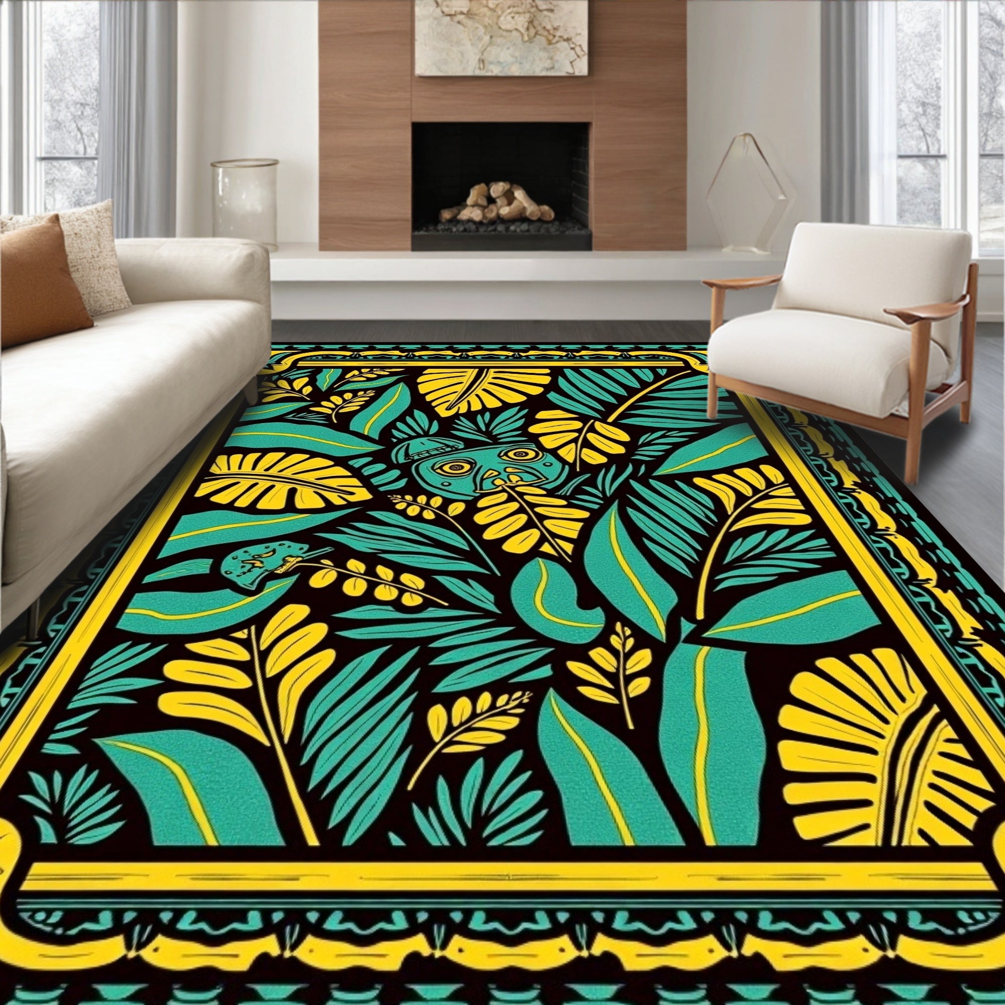 Lush Tropical Foliage With Tribal Accents Rug
