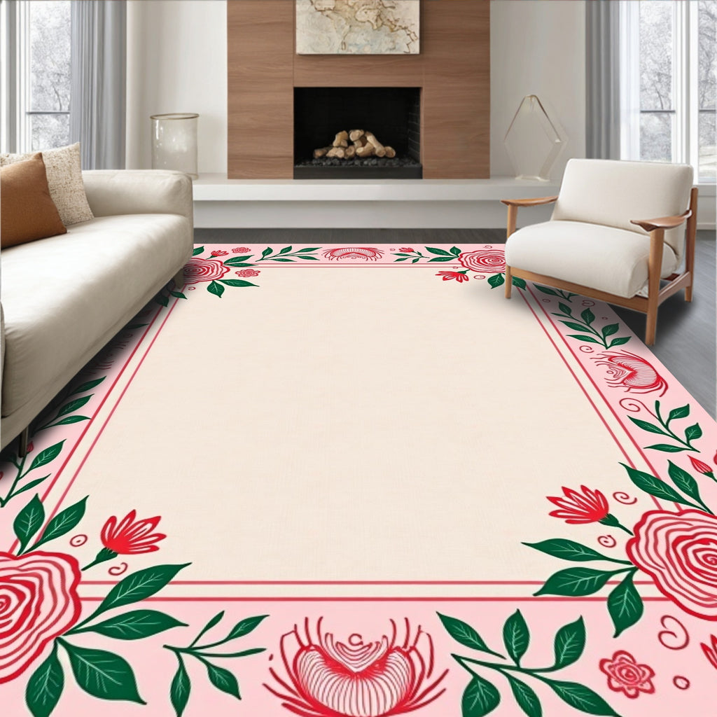 Pink Crimson Floral Garden Border Rug