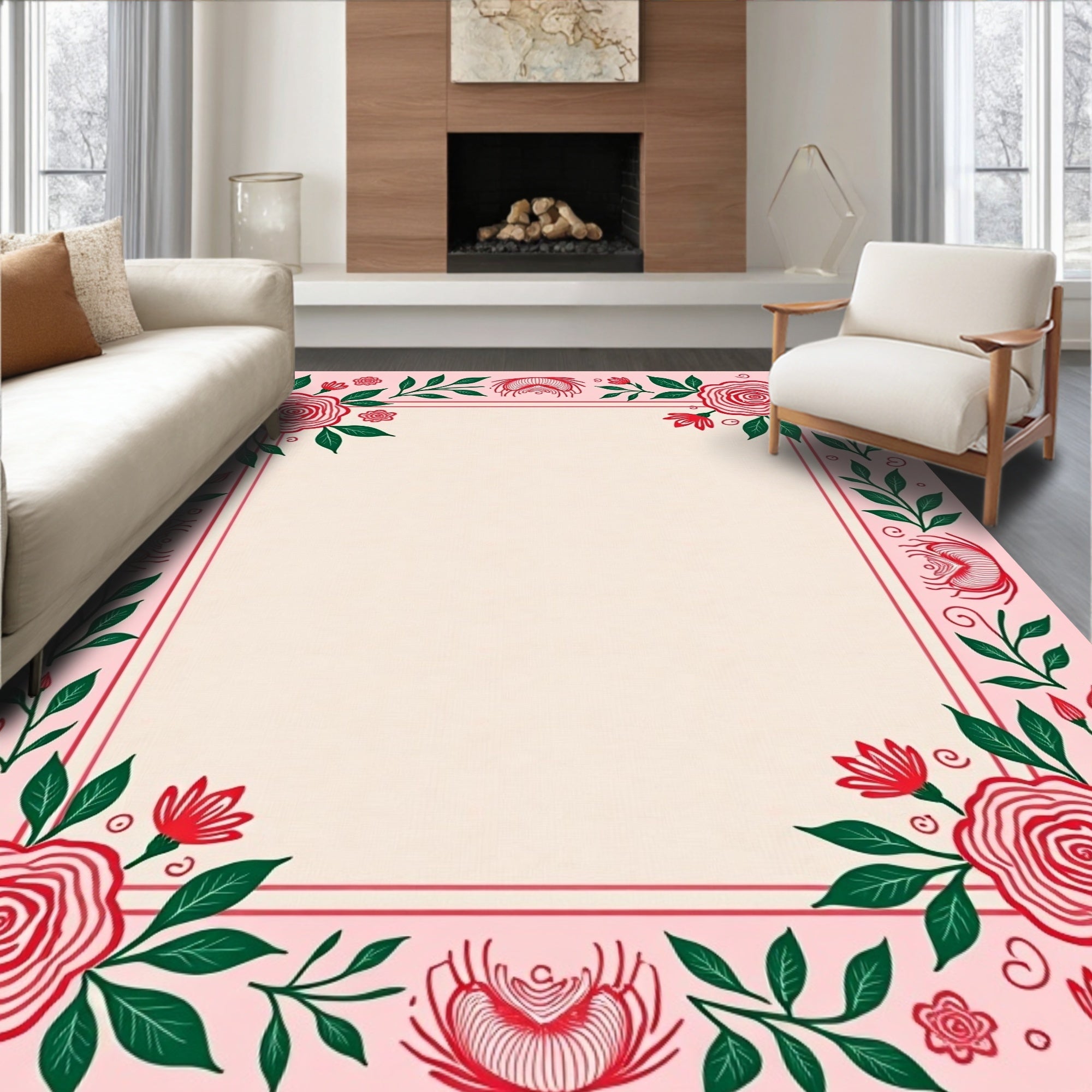 Pink Crimson Floral Garden Border Rug