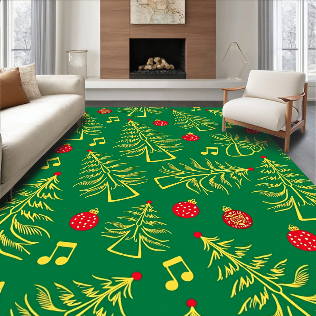 Festive Yellow Pine Tree Ornaments Rug