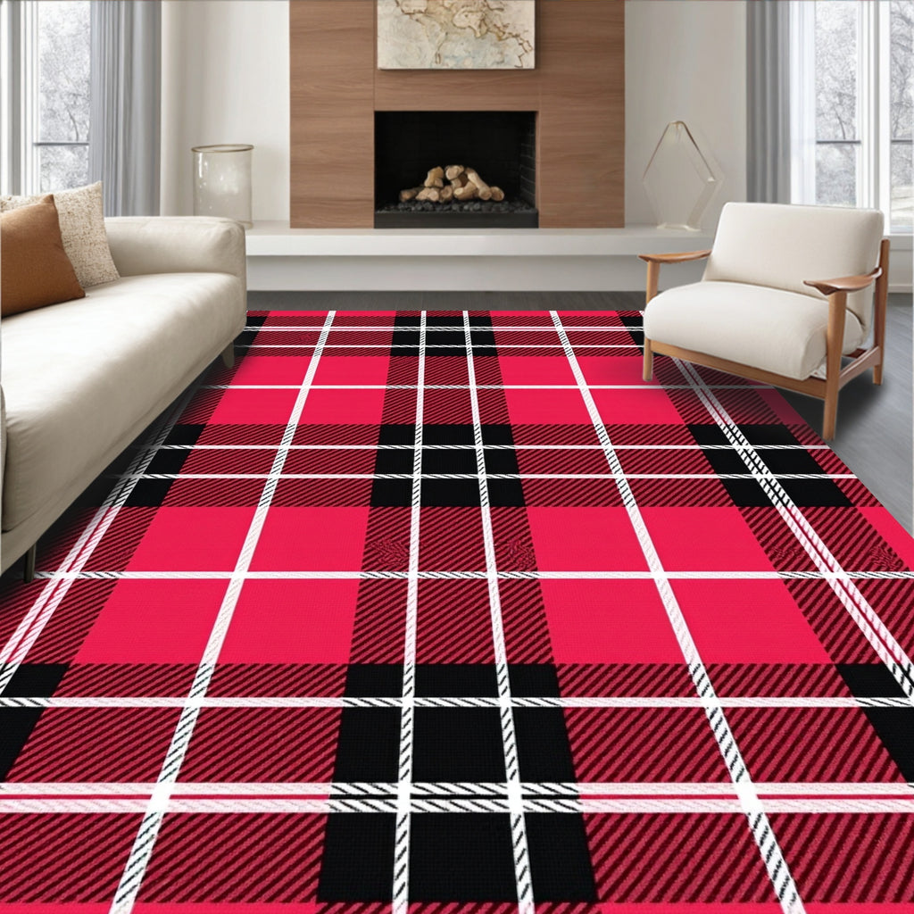 Bold Red Black White Plaid Rug