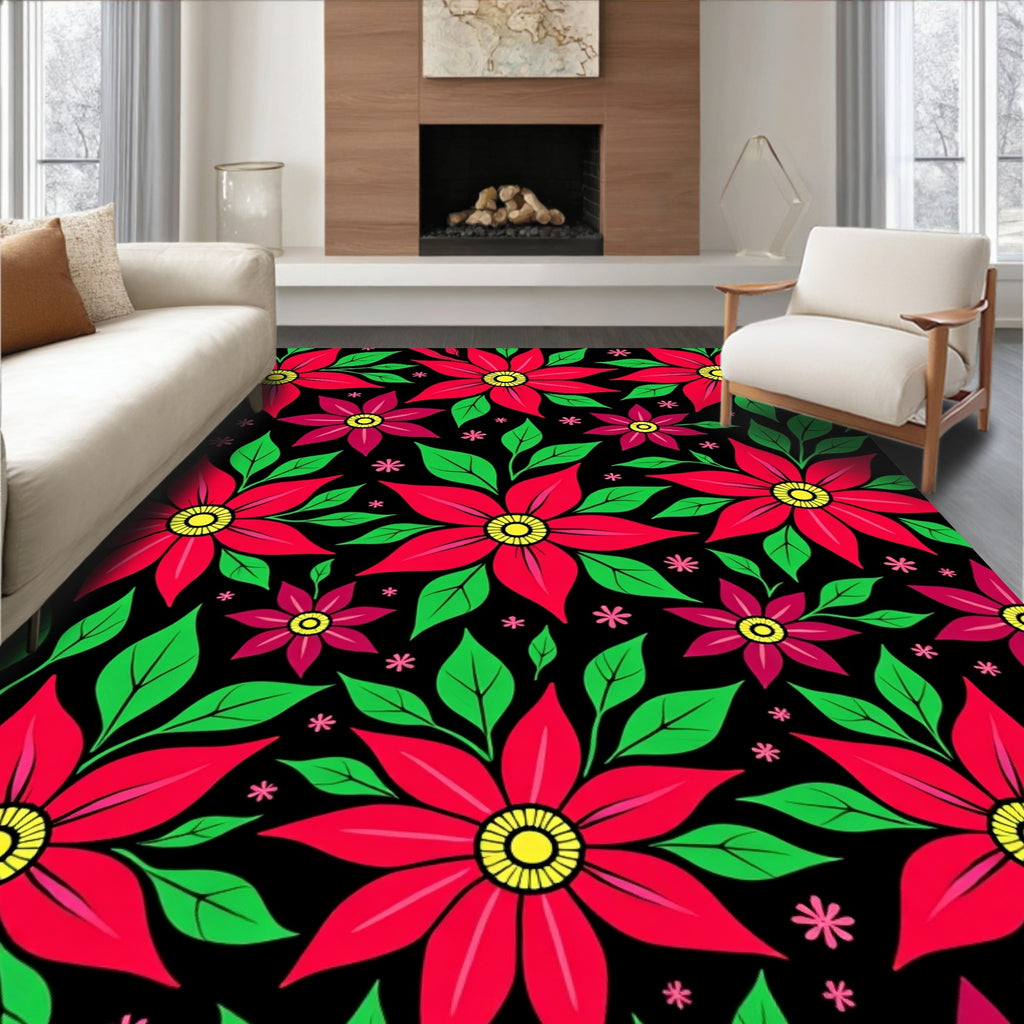 Vibrant Red Poinsettia Floral Rug