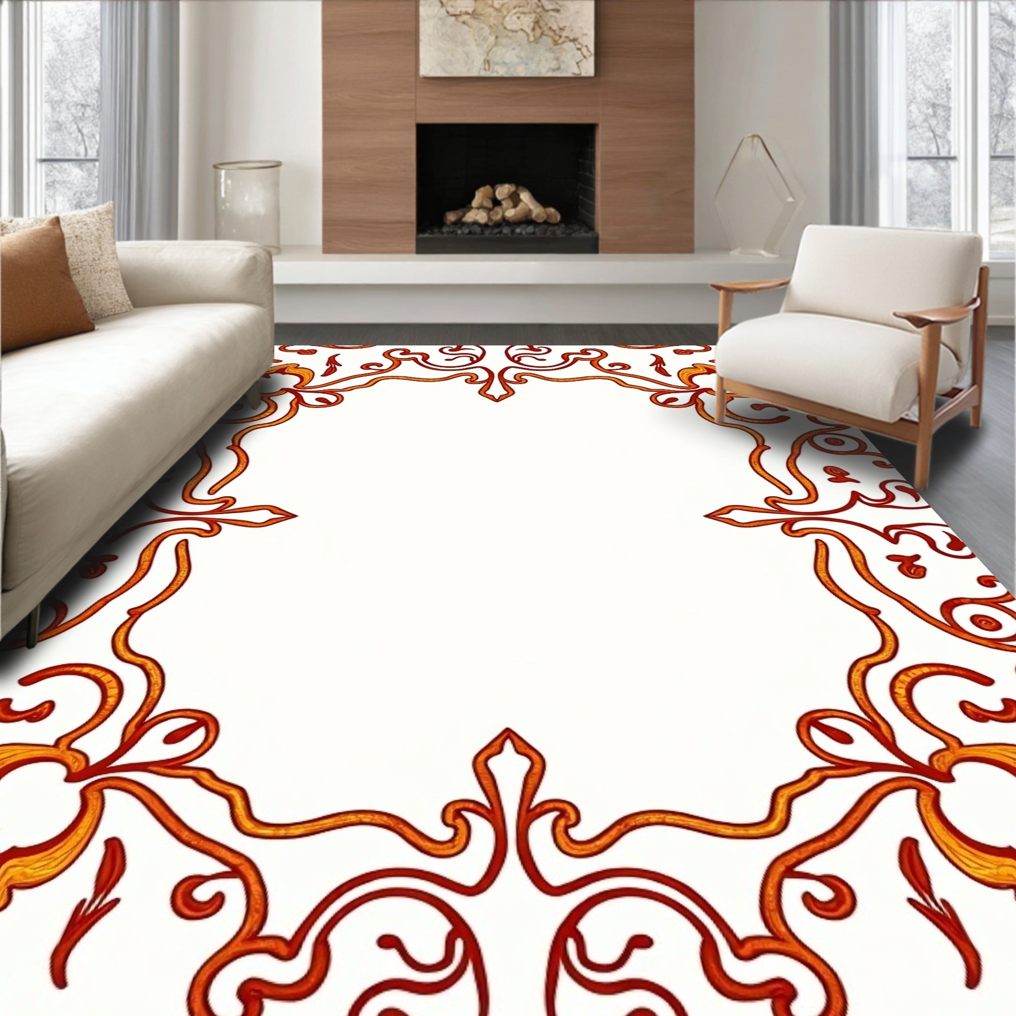 Ornate Red and Gold Floral Scrollwork Rug