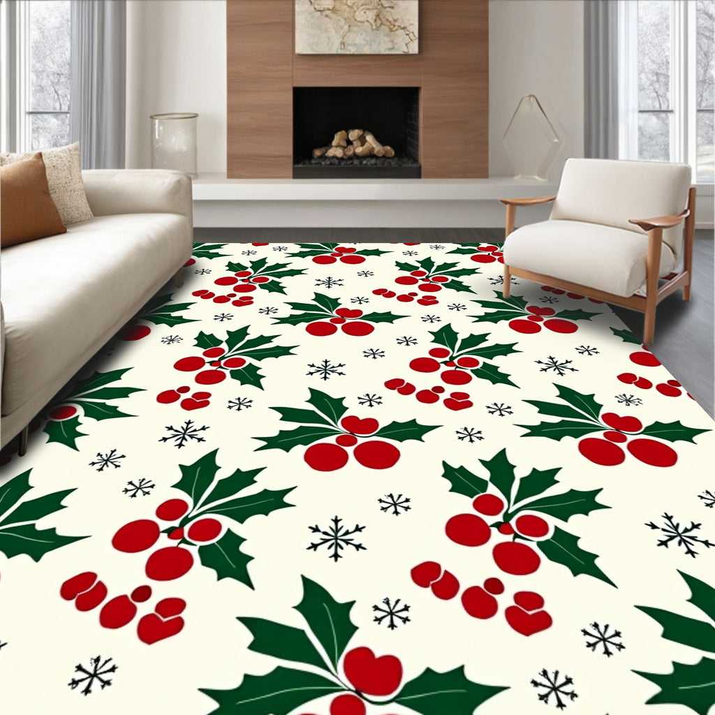Festive Red Holly Berry Snowflakes Rug