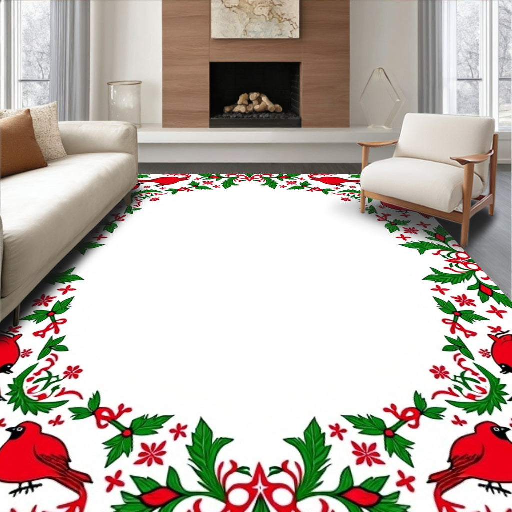 Red Cardinal Holiday Holly Border Rug