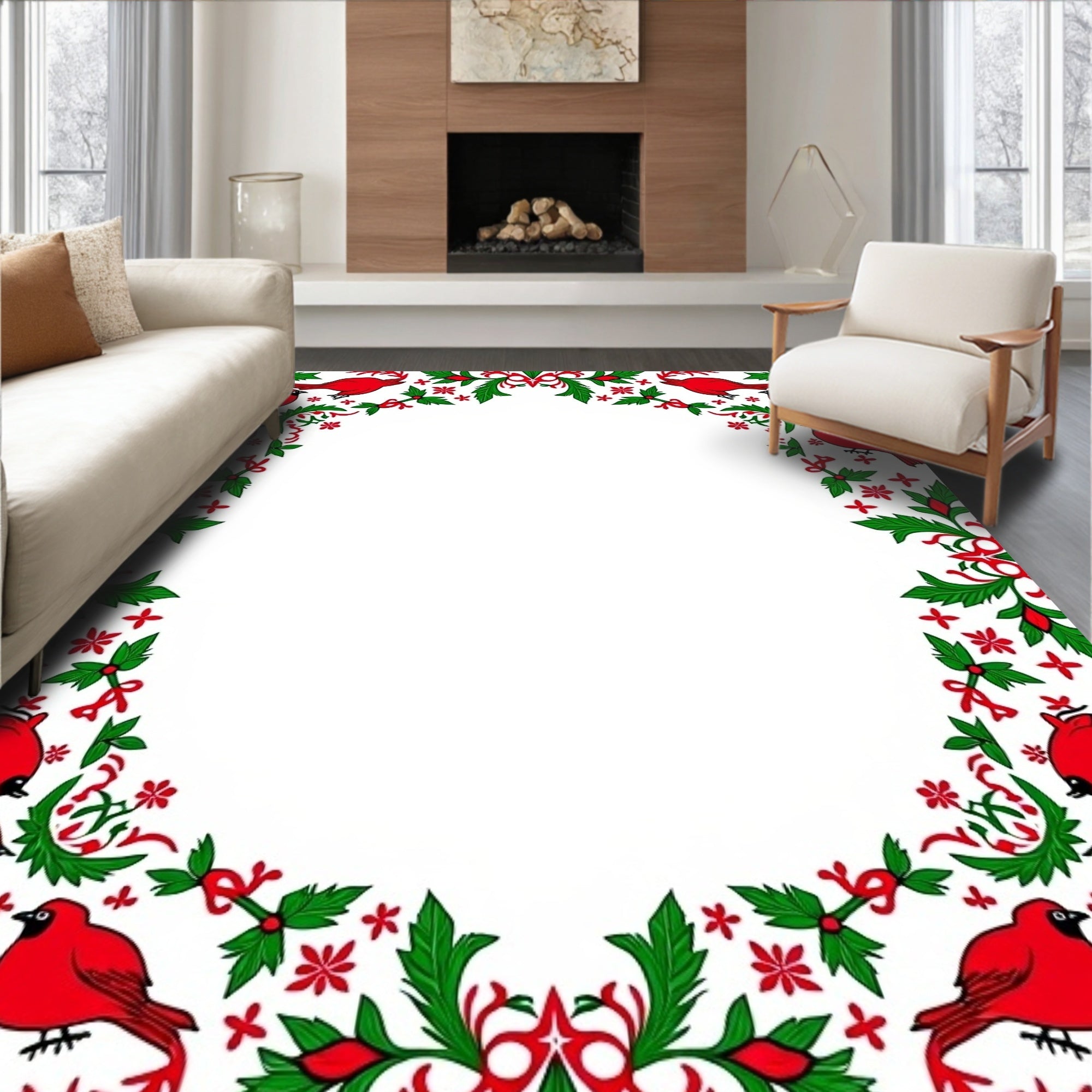 Red Cardinal Holiday Holly Border Rug
